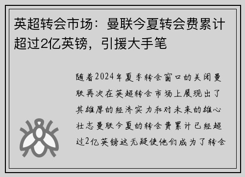 英超转会市场：曼联今夏转会费累计超过2亿英镑，引援大手笔