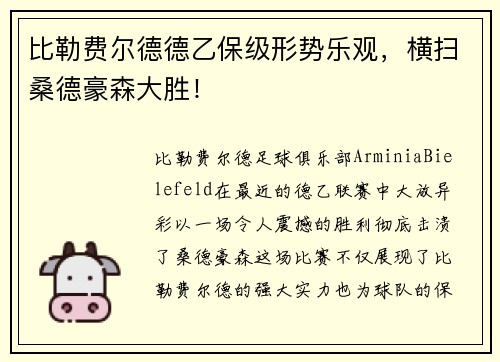 比勒费尔德德乙保级形势乐观，横扫桑德豪森大胜！